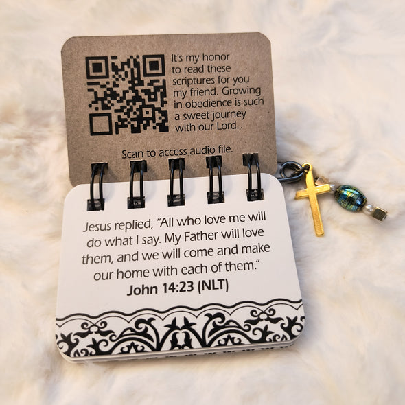 The Obedience Flip has a QR code inside the front cover. Scan the code and listen to beautiful music and scriptures being read over you. It is a truly special experience.