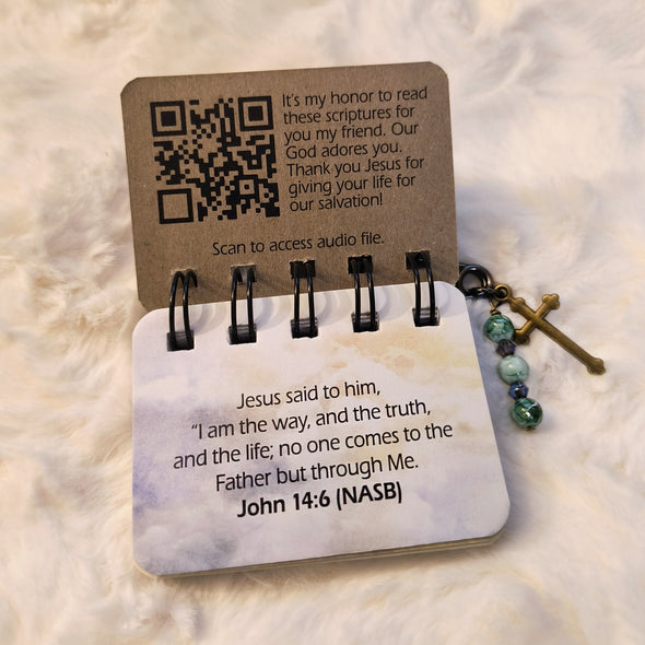 The Salvation Flip has a QR code inside the front cover. Scan the code and listen to beautiful music and scriptures being read over you. It is a truly special experience.